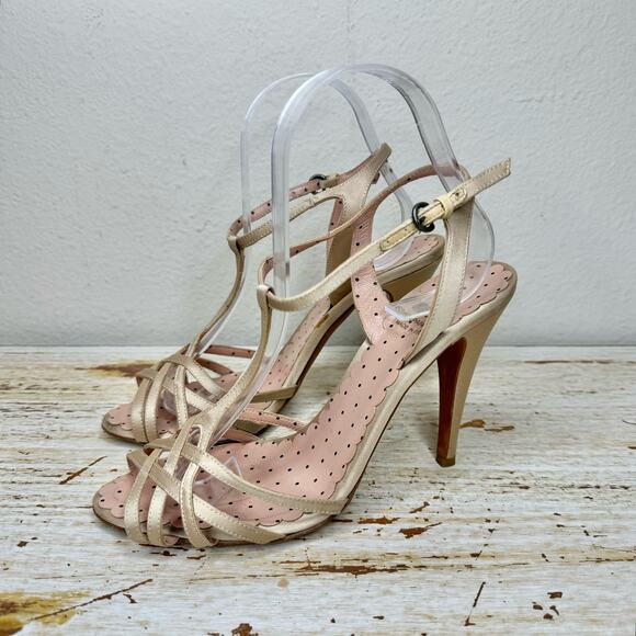 Moschino Cheap and Chic Strappy Heels 38 Ankle Strap Peep Toe Open Champagne - Picture 2 of 11